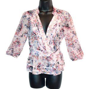 Elle Women Size XS Wrap Floral Lace Sheer Blouse Top